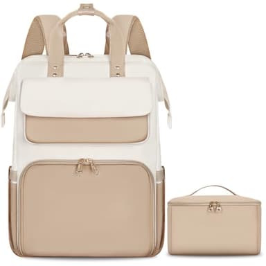 BERTASCHE Lunch Backpack for Women, 15.6 Inch Laptop Backpack with Insulated Cooler Lunch box, Nurse Backpack for Teacher Work Travel College Picnic, Khaki-Beige - Image 1