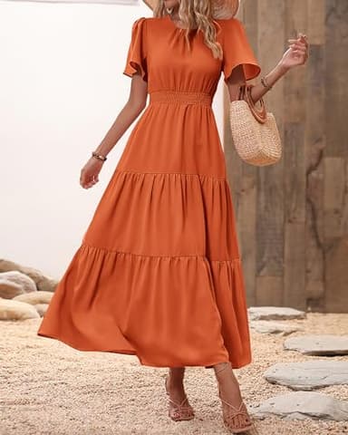 PRETTYGARDEN Woman Summer Clothes Casual Short Sleeve Maxi Dress Plain Soft Business Work Dresses 2025 Trendy(Solid Orange,Large) - Image 3