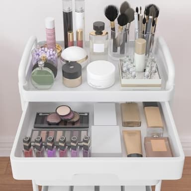 Calmootey 4-Tier Rolling Utility Cart with Drawer,Multifunctional Storage Organizer with Plastic Shelf & Metal Wheel,Storage Cart for Kitchen,Bathroom,Living Room,Office,White - Image 9