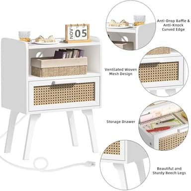 Lerliuo Rattan Nightstands Set of 2 with Charging Station, White Bedside Table with Drawer Open Shelf, Cane Accent Side End Table with Solid Wood Legs, Night Stand for Bedroom, Dorm and Small Spaces - Image 8