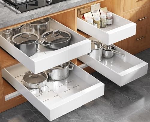 Seinloes 4 Pack Expandable (9"-14") Pull Out Cabinet Organizer 21" Deep With Raising Pad for Framed Cabinets,Upgrade 3 Slide Rails Slide Out Drawers,No Drill Roll Out Shelves Adhesive,White - Image 1