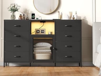 𝟓𝟑-𝐈𝐧𝐜𝐡 Dresser TV Stand for Bedroom for TV with LED Lights and Charging Station, Fabric Chest of Drawers, 8 Fabric Drawers, Wood Top, Living Room, Closet Black - Image 4