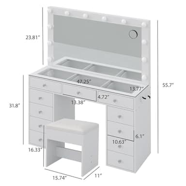 White Vanity Desk with Illuminated Mirror & Power Outlet, 11 Drawers Vanity Table with Chair, Makeup Vanity with 12 LED Lights, Tempered Glass Top, Dressing Table for Bedroom,Dressing Room - Image 3