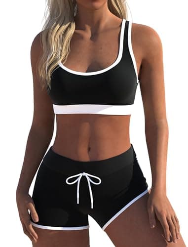 Womens Sport Two Piece Swimsuits Racerback Crop Top Boyshort Bottom（L，White&Black） - Image 1