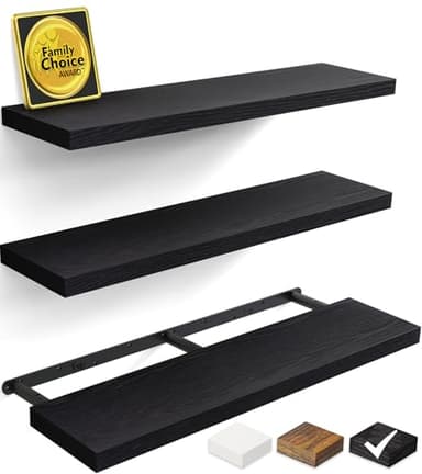 BAYKA Floating Shelves for Wall, 36 inches Long Wall Mounted Rustic Wood Shelves for Bathroom, Bedroom, Living Room, for Books/Storage/Decor with 30lbs Capacity（Black,Set of 3 - Image 1