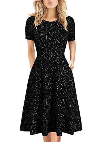 Women's Elegant Vintage 50s Office Casual Floral Print Work Party A-Line Swing Dress with Pockets 162 (XXL, Black Dot) - Image 1