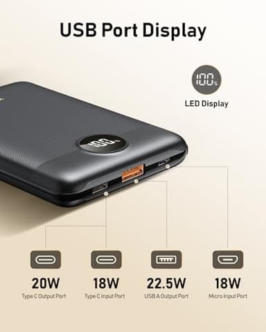 VEEKTOMX Small Portable Charger, Mini Power Bank 10000mAh, PD 22.5W Fast Charging USB-C Battery Bank, Travel Essentials Dual Voltage External Portable Powerbank for iPhone/Samsung/Google Pixel, Black - Image 3