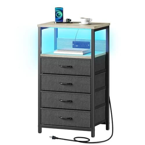 Seventable Night Stand with Charging Station, Tall Nightstand with 4 Fabric Storage Drawers, Side Table with LED Light for Bedroom, Entryway, Greige - Image 1