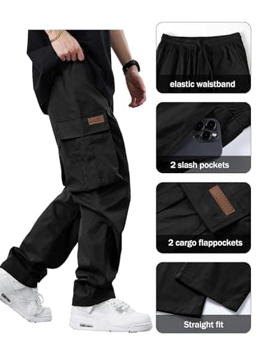 PLEPAN Men's Sweat Pants Casual Cargo Pants Drawstring Hiking Pants Workout Tactical Joggers Sweatpants for Men Black Large - Image 4