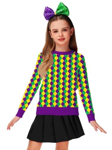 Remimi Kids Mardi Gras Sweatshirt Purple Green Yellow New Orleans Girls Long Sleeve Sweater Tricolor Lattice 7-8 Years - Image 5