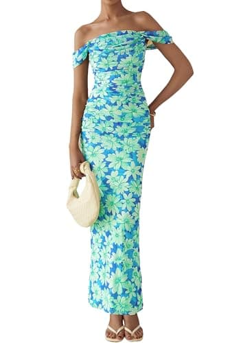 PRETTYGARDEN Maxi Dresses for Women 2025 Summer Elegant Floral Off Shoulder Ruched Mesh Cocktail Wedding Guest Dress (Light Green Daisy,Medium) - Image 2