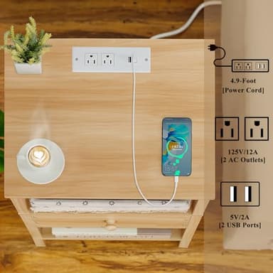 Lerliuo Nightstand Set of 2 with Charging Station and USB Ports, 3-Tier Storage End Table with Drawer Shelf, Night Stand for Small Spaces, Wood Bedside Table for Living Room, Bedroom - Natural Wood - Image 8