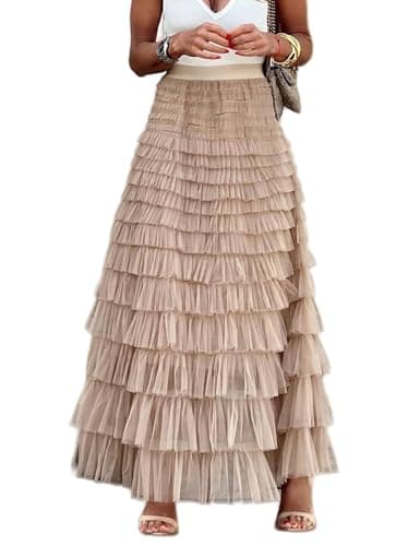 Flygo Women's Long Maxi Tulle Skirts A Line Ruffle High Waisted Tiered Layered Mesh Tutu Skirt Petticoat(Champagne-S) - Image 1