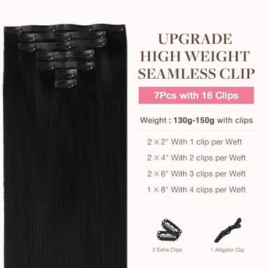 GOO GOO Clip in Hair Extensions Real Human Hair, Remy Human Hair Extensions Clip ins for Women, Natural Human Hair, 24inch 160g 7Pcs, 1 Jet black - Image 2