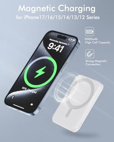 podoru for Magsafe Battery Pack, 5000mAh Magnetic Power Bank with Type-C Cable 20W PD Fast Charging Lighting Input Wireless Portable Charger for iPhone 17/16/15/14/13/12/ All Series-White - Image 3