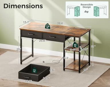 Coleshome Small Computer Desk with Drawers, 40 Inch Reversible Home Office Desk with Power Outlet, Study Laptop Vanity Table with Storage Shelves for Bedroom Small Space, Rustic Brown - Image 3