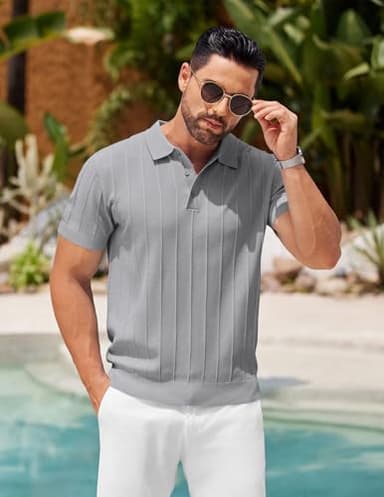 COOFANDY Polo Shirts for Men Casual Knit Polo Shirts Short Sleeve Ribbed Textured Golf Shirt Vintage V Neck Collared Shirts Striped Polos T-Shirts Light Gray - Image 4