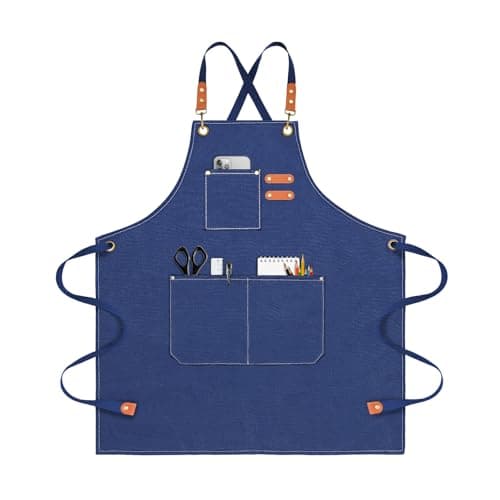 OUNLEN Chef Apron for Men Women Canvas Aprons with 3 Pockets Cross Back Resistant Work Apron for Cooking Grilling Baking BBQ Barber Kitchen (Blue) - Image 1