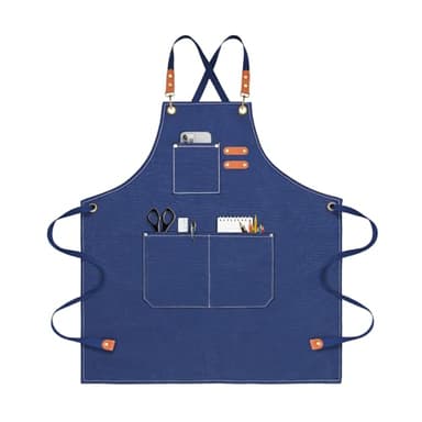 OUNLEN Chef Apron for Men Women Canvas Aprons with 3 Pockets Cross Back Resistant Work Apron for Cooking Grilling Baking BBQ Barber Kitchen (Blue) - Image 1