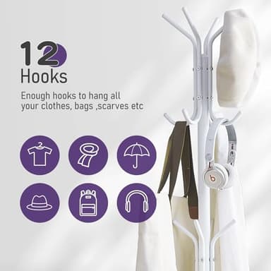 Wieghda Coat Rack Freestanding Entryway Hanger Stand, Umbrella Holder, Hall Tree With 12 Hooks, Floor Standing Metal Tree Stand, White - Image 5