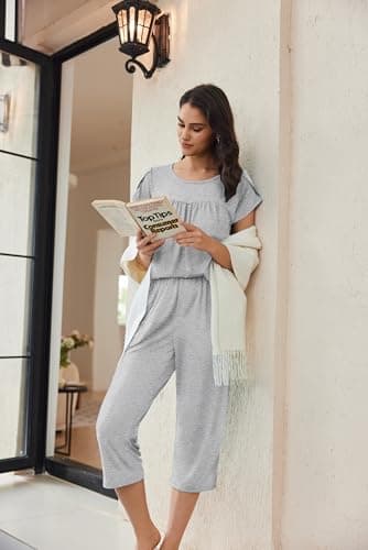 Ekouaer Women's Capris Pajama Set Short Sleeve Capri Pants Loungewear 2 Piece Pajamas Pj Sets with Pockets Light Grey - Image 6