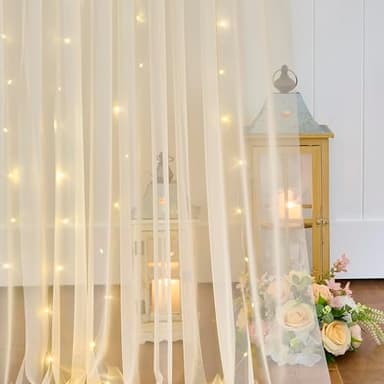 Champagne Tulle Backdrop Curtain with Lights String for Parites Wedding 10x8ft Champagne Sheer Backdrop Curtains for Bridal Shower Baby Shower Birthday Party Photo Booth Background Decorations - Image 5