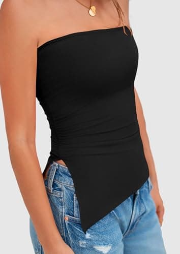 PRETTYGARDEN Womens Tube Top 2025 Summer Trendy Strapless Tops Going Out Outfits Ruched Asymmetrical Bandeau Shirts (Black,Small) - Image 7