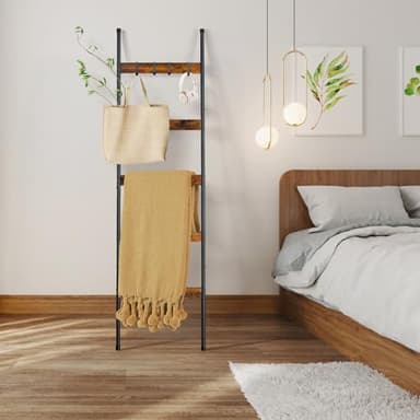 ELYKEN Blanket Ladder for Living Room, Farmhouse 5-Tier Quilt Holder with 4 Removable Hooks for Bathroom, Wood Towel Rack Display, Wall Anchor Leaning Decorative Stand for Home, Rustic Brown - Image 2