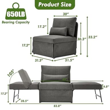 ZZW Sleeper Chair Bed Upgrade 4-in-1 to 5-in-1 Convertible Multi-fuction Sofa Chair w/Adjustable Backrest Assembly-Free Linen Folding Sofa Ottoman Bed for Living Room Apartment (Dark Grey) - Image 2