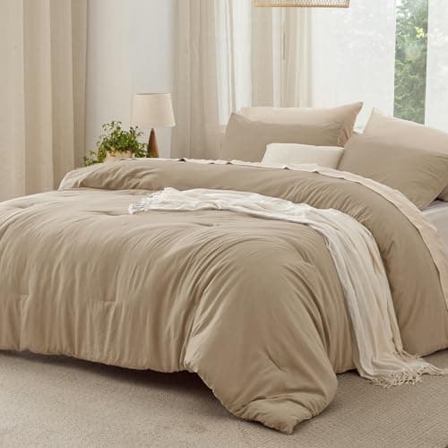 Bedsure Queen Size Comforter Set, Khaki Soft Prewashed Bedding for All Seasons, 3 Pieces GentleSoft™ Warm Down Alternative Bed Set, 1 Lightweight Comforter (90"x90") and 2 Pillowcases (20"x26") - Image 1