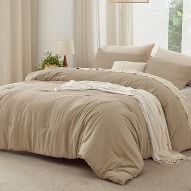 Bedsure Queen Size Comforter Set, Khaki Soft Prewashed Bedding for All Seasons, 3 Pieces GentleSoft™ Warm Down Alternative Bed Set, 1 Lightweight Comforter (90"x90") and 2 Pillowcases (20"x26") - Image 1