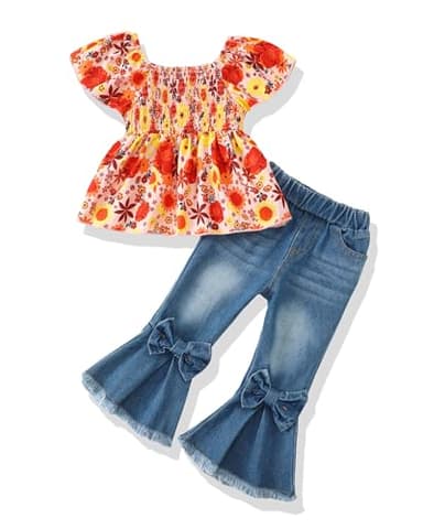 Baby Girl Clothes 12 18 Months Infant Spring Summer Outfits 12 Month Girl Clothes Short Sleeve Orange Sunflower Square Neck Smocked Shirt Bell Bottom Denim Pants Flare Jeans Clothing - Image 1