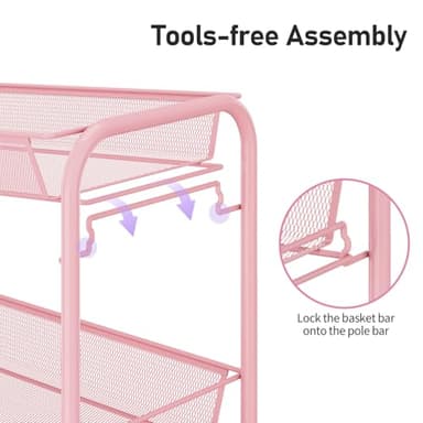 TOOLF 3 Tier Rolling Utility Cart - Durable Metal Design Pink Utility Cart, Storage Trolley on Wheels with 3 Hooks, Perfect for Kitchen, Bathroom & Laundry Room Organization - Image 3