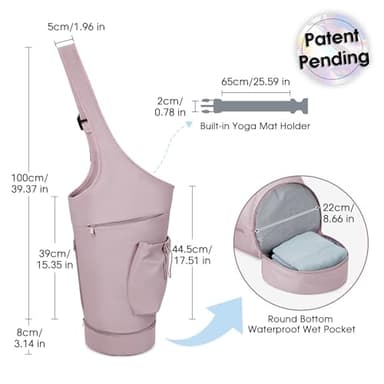 sportsnew Yoga Mat Bag, Large Opening Long Tote Yoga Mat Carrier Holder Bag with Waterproof Wet Pocket and Drawstring Water Bottle Pocket, Adjustable Shoulder Strap Storage Bag, Pink, patent pending - Image 3