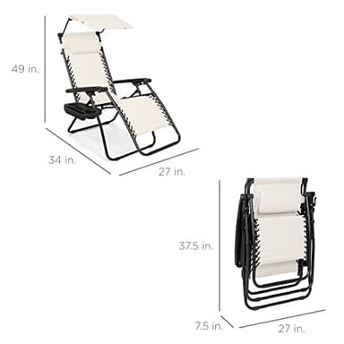 Best Choice Products Folding Zero Gravity Outdoor Recliner Patio Lounge Chair w/Adjustable Canopy Shade, Headrest, Side Accessory Tray, Textilene Mesh - Ivory - Image 3