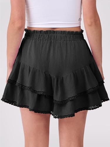 Caracilia Mini Skirts for Women Summer Casual Boho Crochet Ruffle Flowy Skirt Built in Shorts 2025 Fashion Trendy Skorts Black Small - Image 3