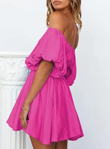 Dokotoo Women One Shoulder Dresses Fashion 2023 Lantern Sleeve Hot Pink Pirate Dress Ruffle Elastic Waist A-Line Spring Dresses for Wedding Guest X-Large - Image 4