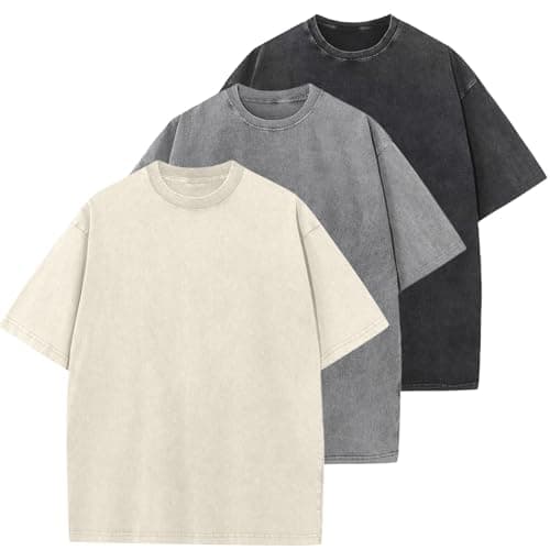 3 Pcs Oversized Heavy Cotton Summer T-Shirts Vintage Unisex Short Sleeves Casual Loose Basic Tops(Beige+Black+Grey L) - Image 1
