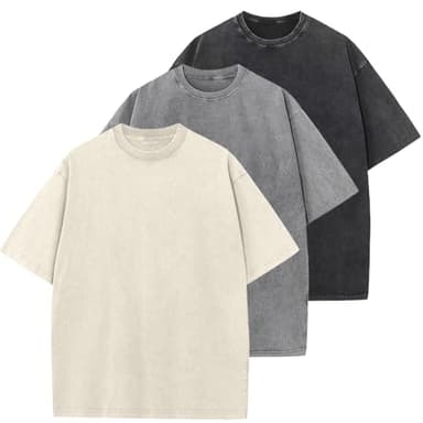 3 Pcs Oversized Heavy Cotton Summer T-Shirts Vintage Unisex Short Sleeves Casual Loose Basic Tops(Beige+Black+Grey L) - Image 1