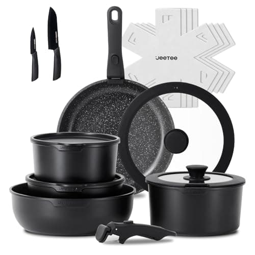 JEETEE Pots and Pans Set Non Stick 17pcs, Kitchen Cookware Sets with Detachable Handle, Induction Nonstick Cookware Set with Removable Handle, Stackable RV Cookware, Oven Safe, PFAS/PFOA Free, Black - Image 1