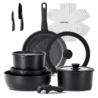 JEETEE Pots and Pans Set Non Stick 17pcs, Kitchen Cookware Sets with Detachable Handle, Induction Nonstick Cookware Set with Removable Handle, Stackable RV Cookware, Oven Safe, PFAS/PFOA Free, Black - Image 1