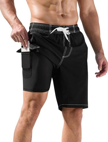 SILKWORLD Mens Swim Trunks with Compression Liner Quick Dry Bathing Suits 10 Inch Swim Shorts with Cargo Pockets, (Black), 38 - Image 2