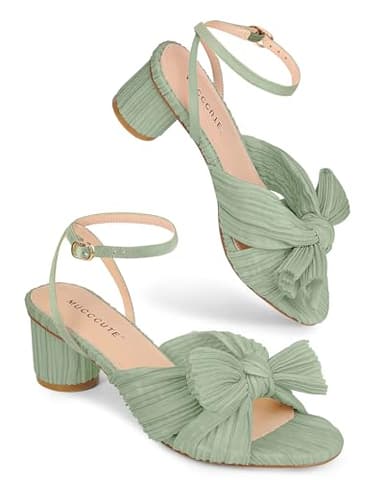 MUCCCUTE Women's Bow Heels Chunky Block Open Toe Heeled Sandals Ankle Strap 2in Buckle Heels for Bridal Wedding (Light Green, Size 10) - Image 9