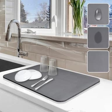 Dish Drying Mat for Kitchen Counter, 12"x19" Dish Drying Pad with Non-slip Rubber Backed, Hide Stain Anti Absorbent for Kitchen Counter, Drying Mat for Coffee Machine Dish Rack (Grey) - Image 1