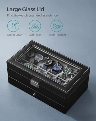 SONGMICS Watch Box, 12-Slot Watch Case Organizer with Large Glass Lid, 2 Layers, Removable Pillows, Metal Lock, Gift for Loved Ones, Black Synthetic Leather, Gray Lining UJWB012 - Image 5
