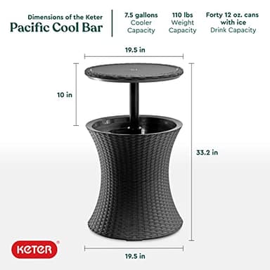 Keter Pacific Cool Bar Outdoor Patio Furniture and Hot Tub Side Table with 7.5 Gallon Beer and Wine Cooler, Dark Grey - Image 3