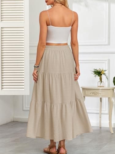 HUSKARY Boho Maxi Skirts for Women Summer Elegant A-Line Flowy Smock Tiered Skirt High Waisted Solid Color Long Skirts with Pockets - Image 5