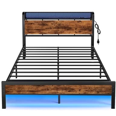 Furnulem Full Bed Frame with LED Lights,Industrial Storage Headboard with Charging Station,USB Port,Under Bed Storage,Wood Platform with Strong Metal Support,No Box Spring Needed, Silent - Image 7