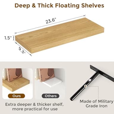 Fun Memories 24 Inch Floating Shelves for Wall, 9.3 Deep Wall Shelves for Home Decor & Storage, 24x9.3x1.5 Large Wooden Shelf with Heavy-Duty Bracket, Deep Shelf for Kitchen, Living Room, Oak Color - Image 3