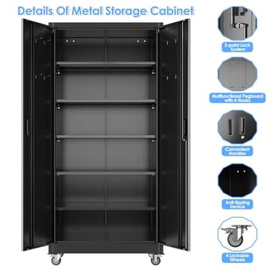 Aobabo Upgraded Garage Storage Cabinets with Wheels,Metal Storage Cabinets with 5 Adjustable Shelves for Garage Home Office Storage, Black,71''H*34''W*18''D,Assembly Required - Image 6